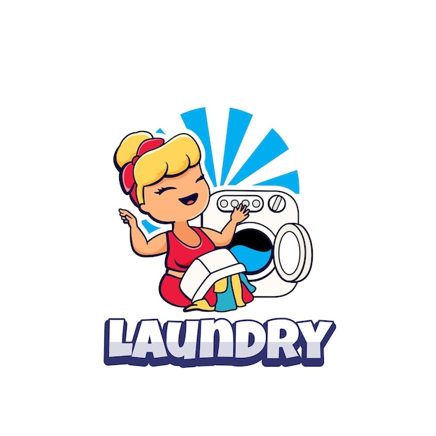 Logo De Blanchisserie Avec Logo De Personnage De Mascotte De Tissu De Lavage De Jolie Fille