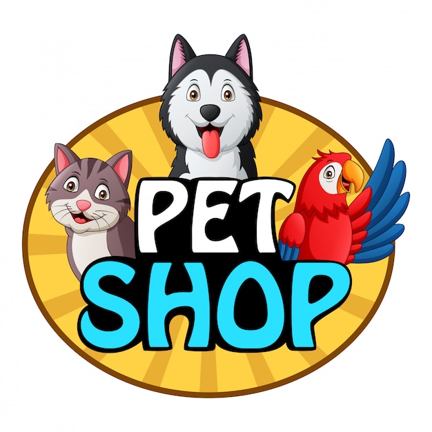 Vecteur logo de boutique d'animaux de compagnie avec chien, chat et perroquet. illustration