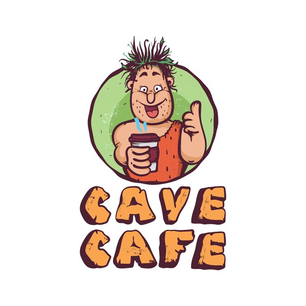 Vecteur logo de café avec dessin animé homme des cavernes et tasse de café illustration vectorielle colorée