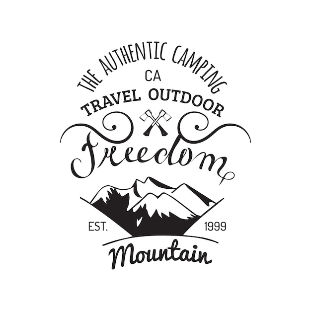 Logo De Camp Vectoriel étiquette Touristique Vintage Dessinée à La Main Avec Des Montagnes Emblème Hipster Rétro D'aventures En Plein Air