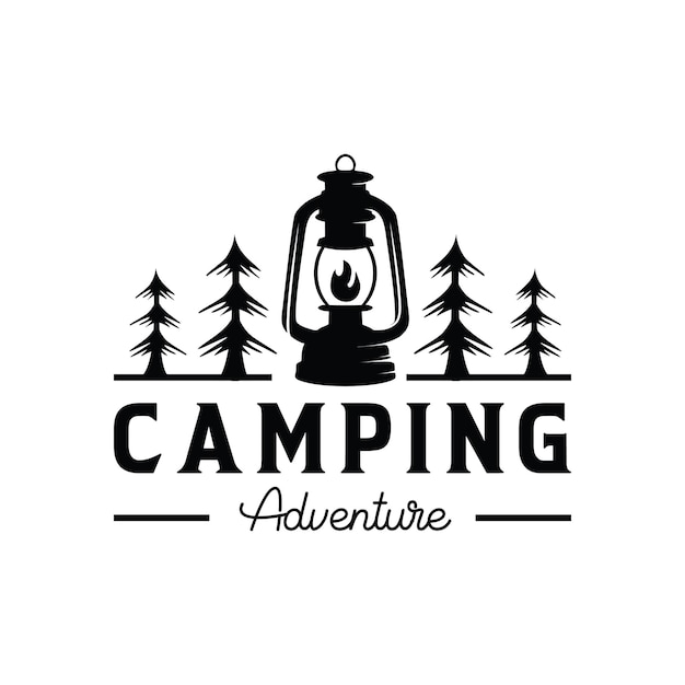 Logo De Camping Dessiné à La Main Avec Lanterne Forêt D'emblème Vintage