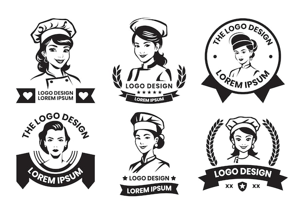 Logo De Chef Féminin Dans Un Style D'art En Ligne Plate