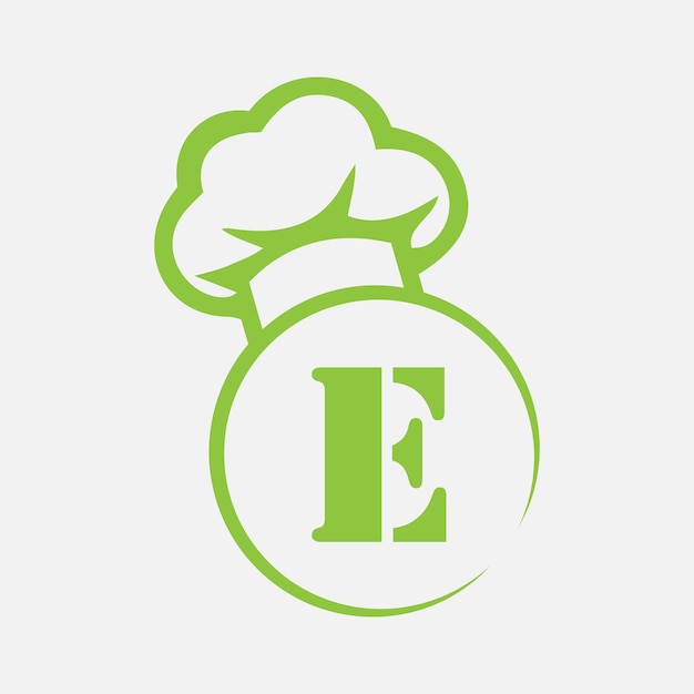 Vecteur logo chef sur la lettre e modèle restaurant sur la lettre e initiale signe alimentaire concept logo de la maison alimentaire