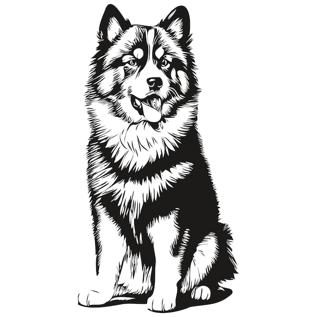 Logo de chien finlandais Lapphund vectoriel noir et blanc vintage tête de chien mignon dessin de croquis gravé