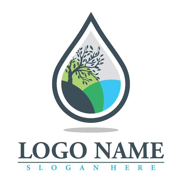 logo circulaire de haute qualité en forme de gouttes d'eau avec fond abstrait et silhouettes de plantes
