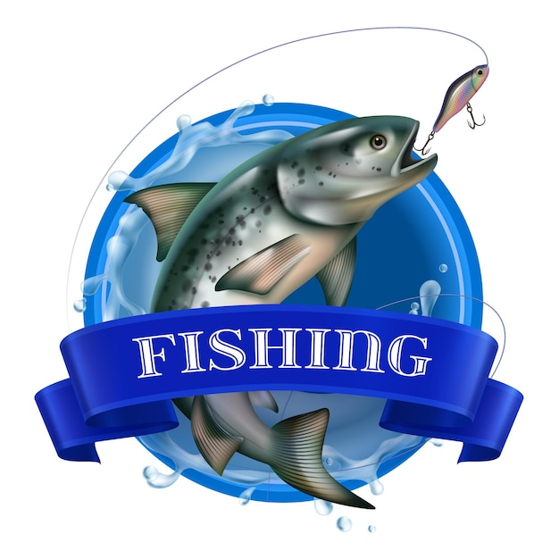 Logo coloré réaliste de pêche avec des poissons appâtés sur le cercle de la mer