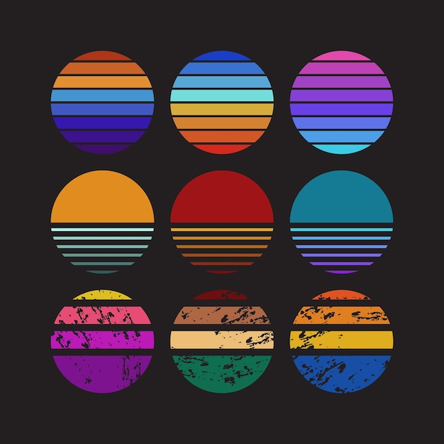 Logo de coucher de soleil rétro soleil de surf vintage de Californie plage d'été et ciel de couleur signes de lever de soleil des années 1980 cercles rayés formes abstraites rondes symboles météorologiques ensoleillés arrière-plan graphique vectoriel