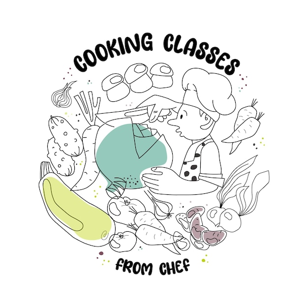 Vecteur logo des cours de cuisine avec un chef qui coupe des légumes illustration vectorielle du modèle des leçons d'alimentation