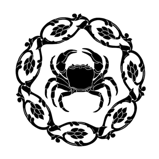 Logo De Crabe Avec Cadre Floral Modèle 11 Silhouette Faite à La Main