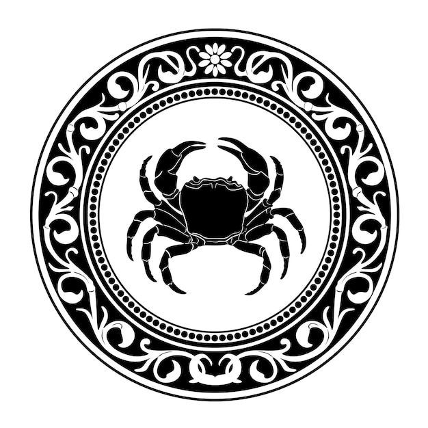 Logo De Crabe Avec Cadre Floral Modèle 38 Silhouette Faite à La Main