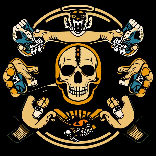 Vecteur le logo de crossing skull bikers est dessiné à la main, plat, élégant, autocollant de dessin animé, concept d'icône isolé.