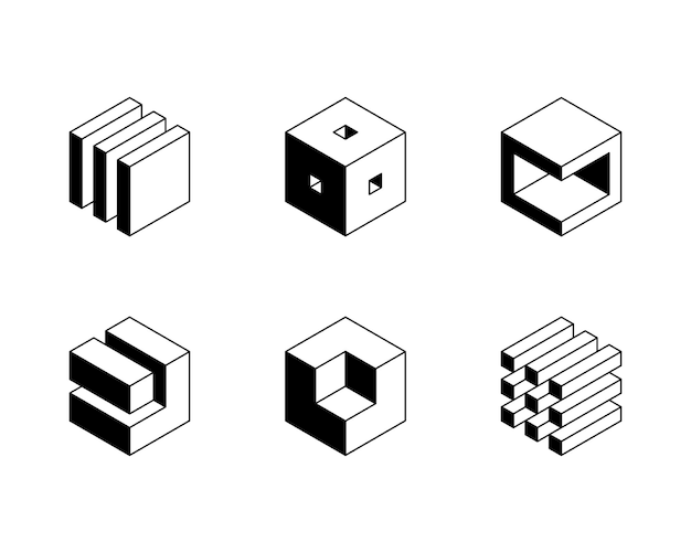 Logo Cube noir et blanc conception vectorielle géométrique Set box logo de l'entreprise emblème techno à la mode dans le style 3D isométrique