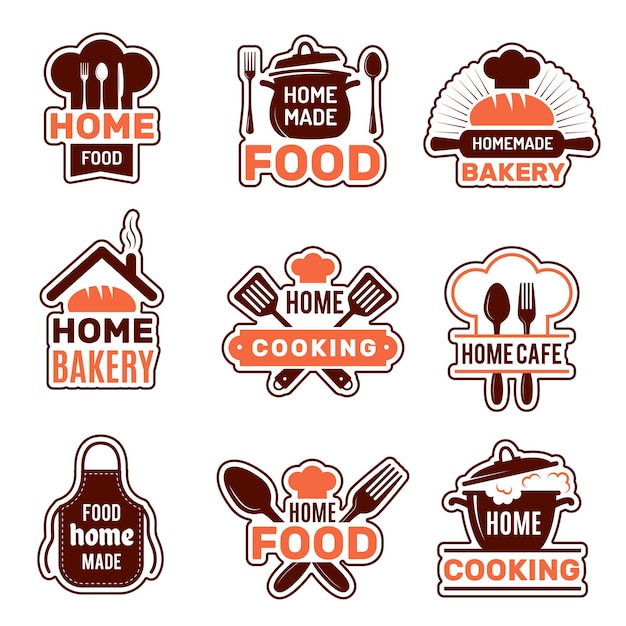 Logo de cuisine maison. Insignes de cuisine collection vectorielle silhouettes de boulangerie illustrations vectorielles. Cuisine faite maison, tablier pour cuisiner maison