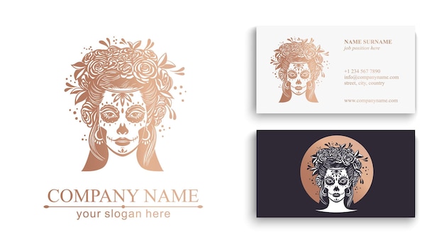 Logo dans le style Calavera Dia de los muertos Le jour des morts est une fête mexicaine Fille avec des fleurs dans les cheveux et Femme avec crâne de sucre maquillage