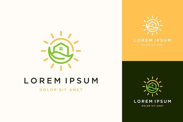 Vecteur logo design logement ou maisons avec feuilles et soleil