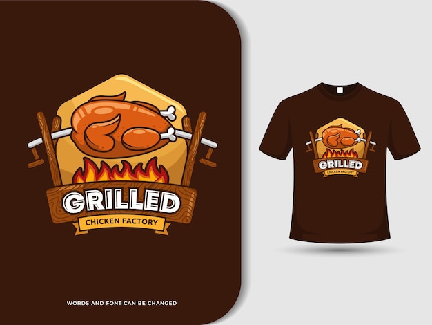 Logo De Dessin Animé De Poulet Grillé Vintage Avec Texte Modifiable Et T-shirt