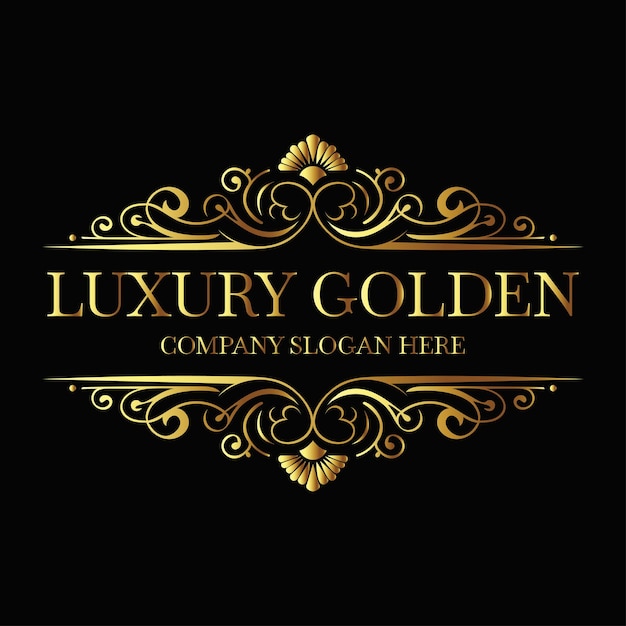 Logo doré de luxe avec des éléments décoratifs ornés et un fond noir pour l'identité de la marque premium