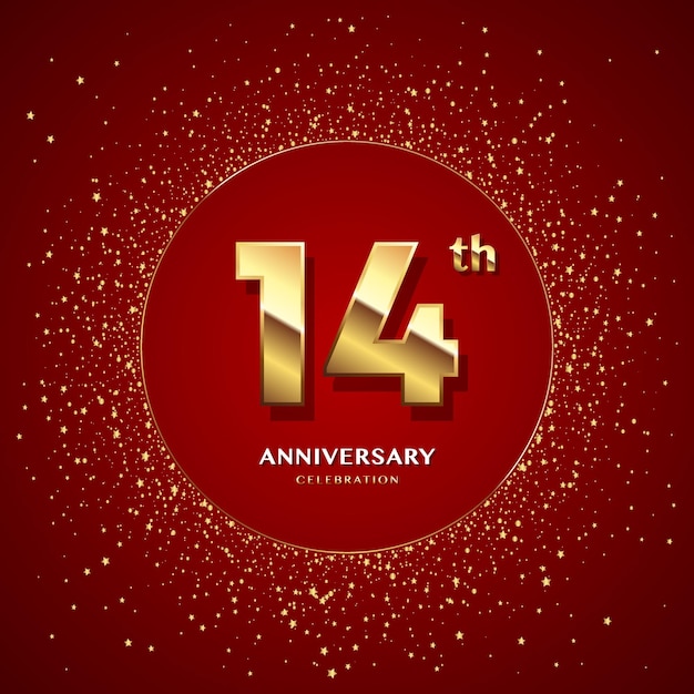 Logo Du 14e Anniversaire Avec Chiffres Dorés Et Paillettes Isolés Sur Fond Rouge