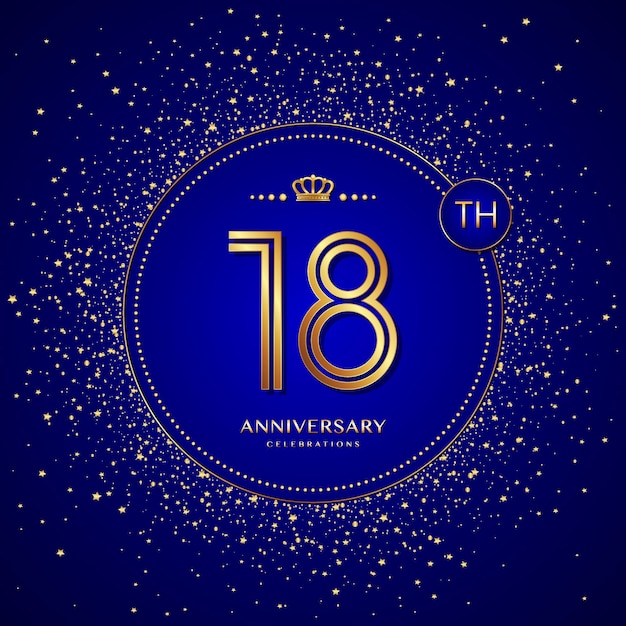 Logo Du 18e Anniversaire Avec Chiffres Dorés Et Paillettes Isolés Sur Fond Bleu