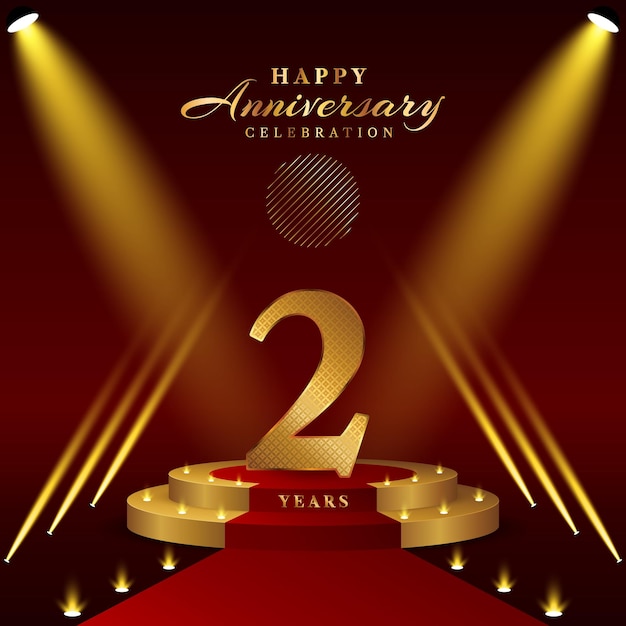 Logo du 2e anniversaire avec chiffres et podium de couleur or pour l'événement de célébration de l'anniversaire