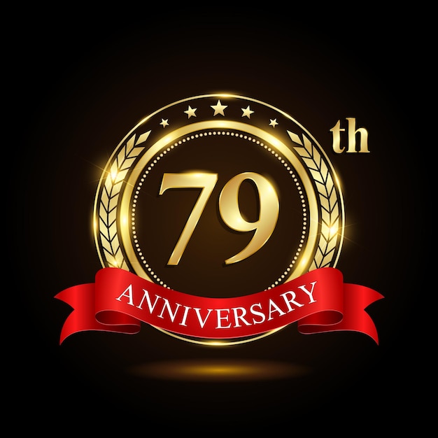 Logo du 79e anniversaire d'or avec anneau brillant et ruban rouge Laurel wrath isolé sur la conception de vecteur de fond noir