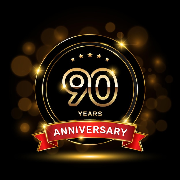 Logo du 90e anniversaire avec une forme d'emblème en or et un ruban rouge