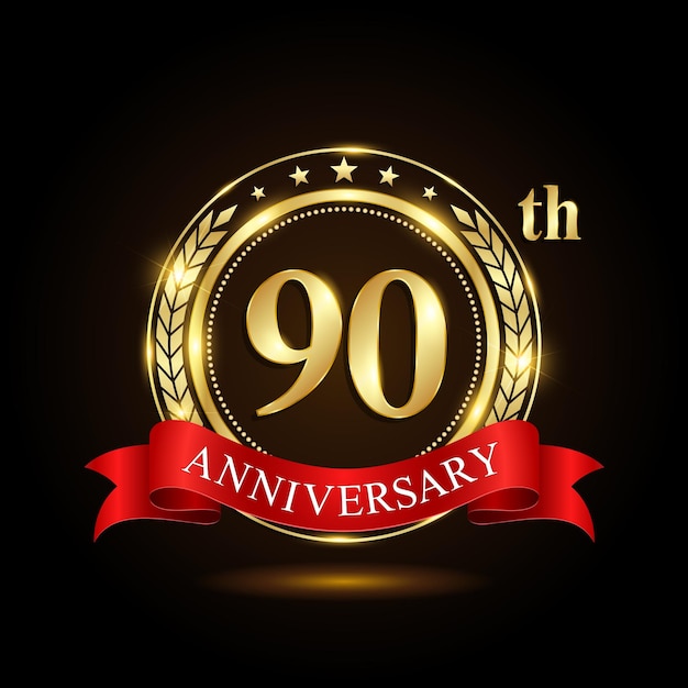 Logo Du 90e Anniversaire D'or Avec Anneau Brillant Et Ruban Rouge Isolé Sur La Conception De Vecteur De Fond Noir