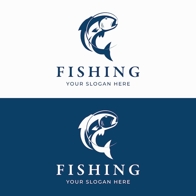 Vecteur logo du club de pêche avec un pêcheur et un poisson créatif sautant