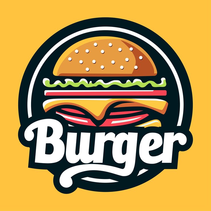 Le logo du hamburger est conçu avec un emblème circulaire, un contour gras, un style semi-plat et une couleur complète.
