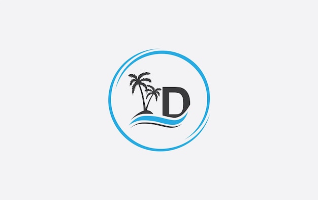 Logo du palmier et monogramme de l'icône de la vague de mer avec la lettre D