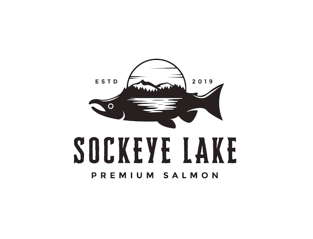 Logo Du Saumon Sockeye Et Paysage De Lac