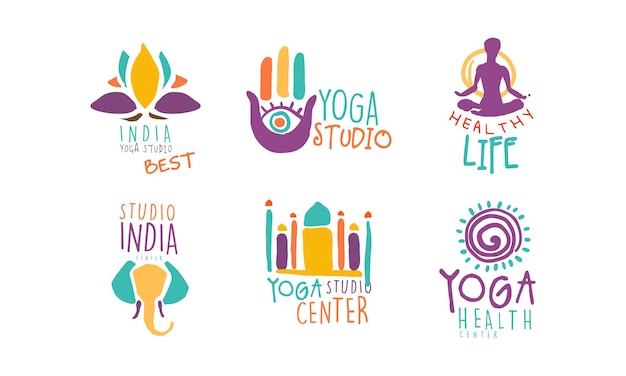 Vecteur logo du studio de yoga set centre de vie saine étiquettes dessinées à la main illustration vectorielle