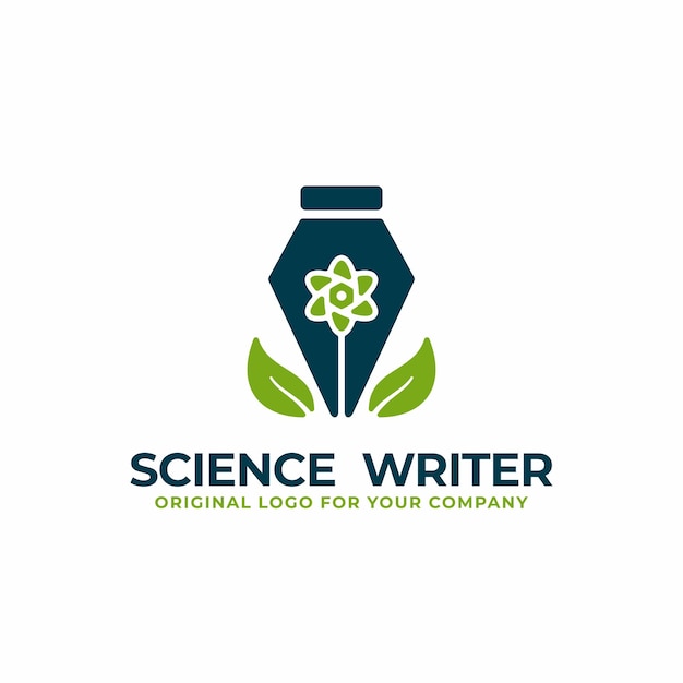 Vecteur logo de l'écrivain avec concept de stylo et symbole scientifique