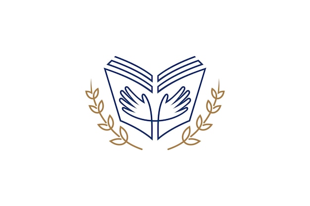 Vecteur logo éducatif avec une main tenant un livre et une décoration de feuilles dans un style de conception d'art en ligne