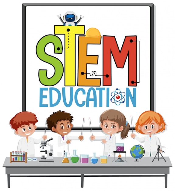 Logo De L'éducation De La Tige Avec Des Enfants Portant Le Costume De Scientifique Isolé