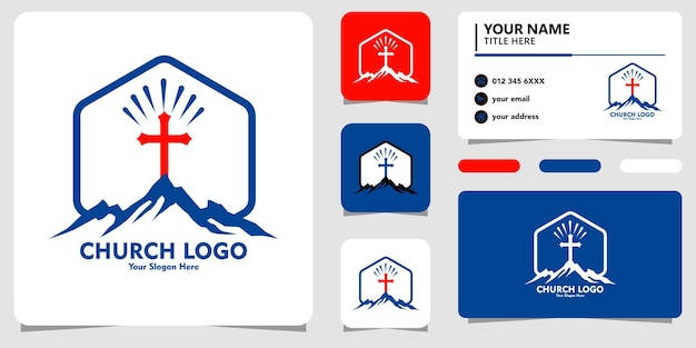 Vecteur logo de l'église avec dessin au trait et carte de visite