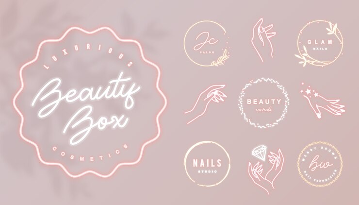 Logo d'entreprise néon rose avec cadre brillant rond et icônes de la main féminine