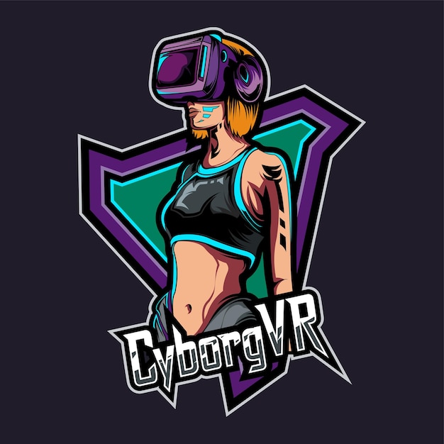 Vecteur logo esport fille cyborg portant vr