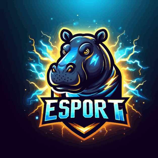 Un Logo D'esport D'un Hippopotame Malgache Avec De L'or Bleu étincelant Et Du Tonnerre Noir