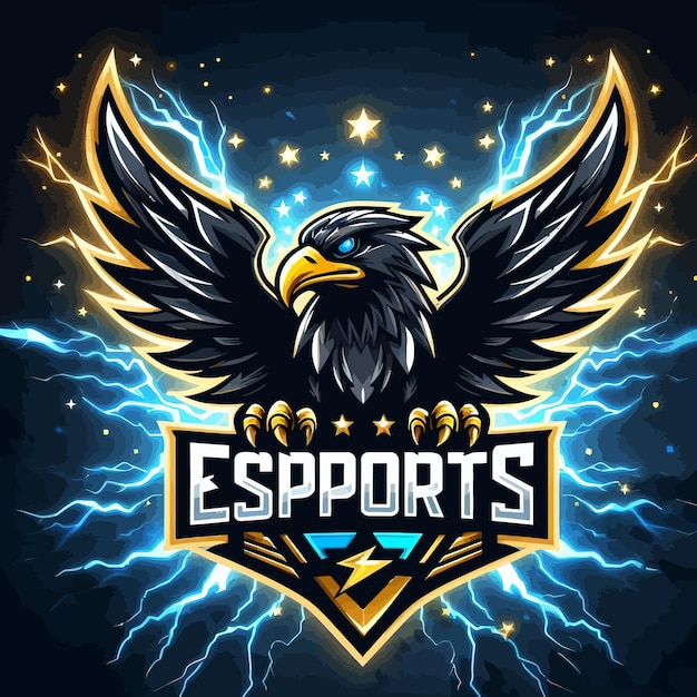 Vecteur un logo d'esports d'un aigle noir avec un tonnerre bleu et doré étincelant