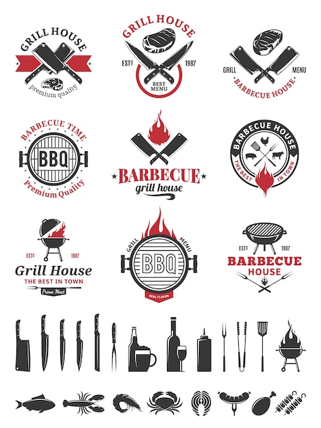 Vecteur logo et étiquettes de barbecue noir et rouge