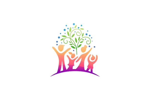 Logo De Famille Heureuse Avec Arbre Et Bulles Dans Un Style Design Coloré