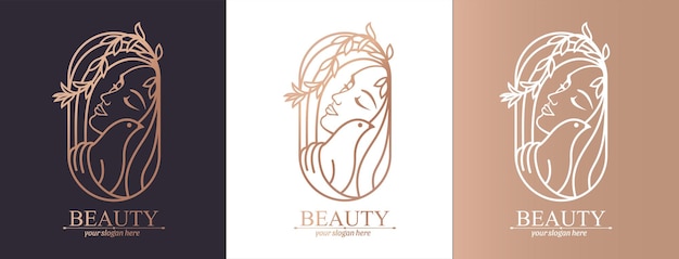 Logo femme avec un oiseau La fille embrasse doucement l'oiseau Modèle vectoriel Concept de design abstrait pour de nombreux secteurs d'activité