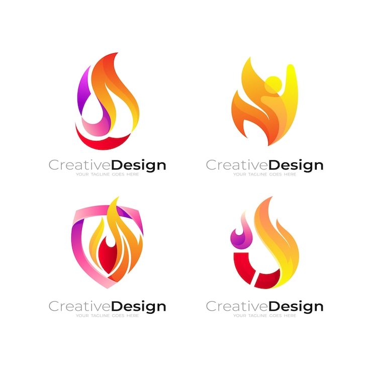 Vecteur logo de feu avec un design 3d coloré, des gens, des logos de flamme, des icônes de bouclier