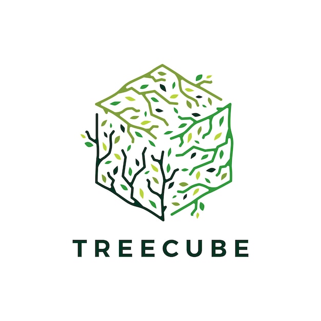 Logo de feuille de branche d'arbre cubique cube