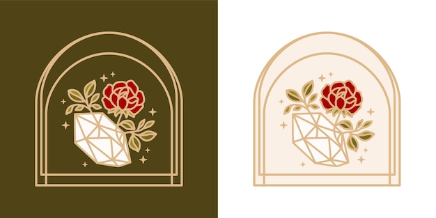 Logo de fleur de rose botanique de diamant de cristal magique vintage et élément de marque de beauté féminine