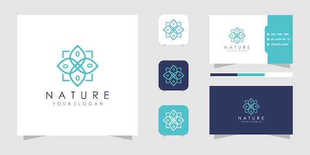 Logo de fleur avec style de ligne. logo et cartes de visite.