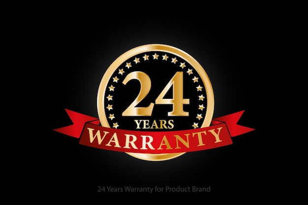 Logo de garantie dorée de 24 ans avec anneau et ruban rouge isolé sur fond noir