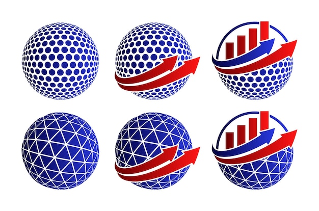 Vecteur logo globe d'affaires, monde avec flèche marketing bleu et rouge, logo succès, concept mondial