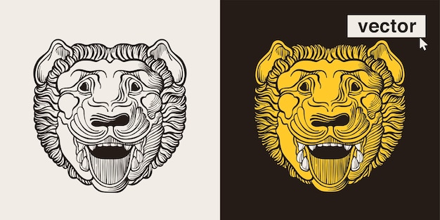 Logo de gravure de lion rugissant Emblèmes médiévaux de style d'éclosion d'encre